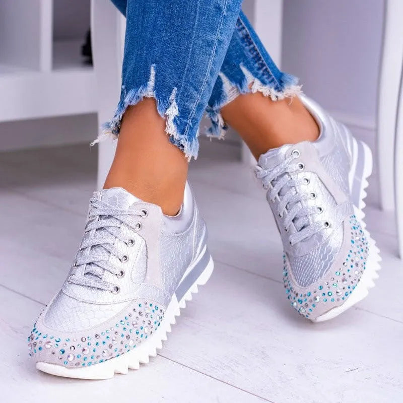 Plus size women's black sports running shoes with rhinestone accents, non-slip rubber sole, and front lace-up closure