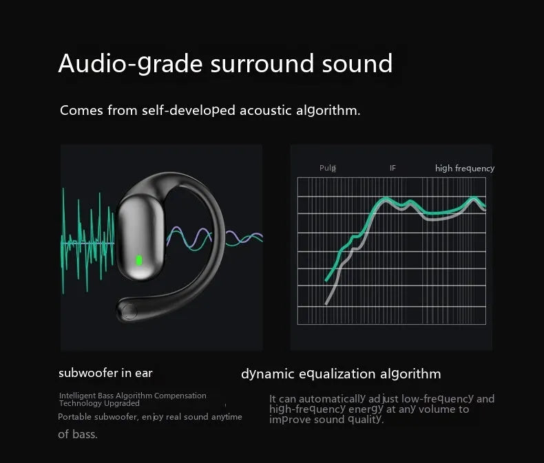 Bone conduction sports headset in black with digital display and ear hook design