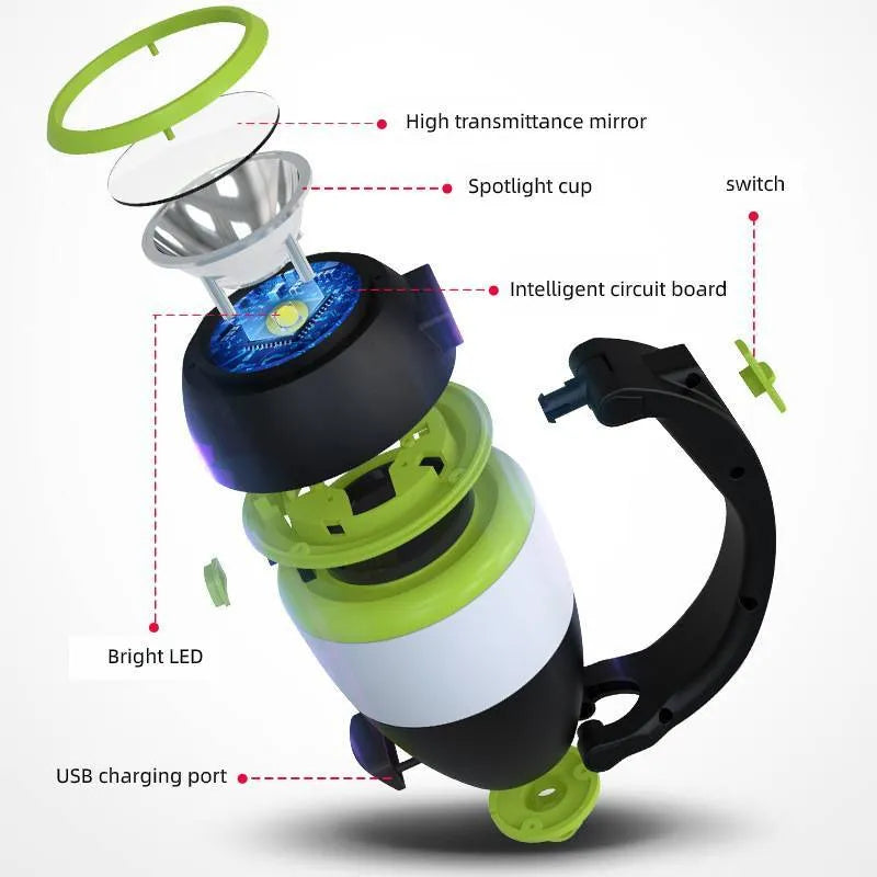 Black green multifunctional LED table lamp showing adjustable head and USB charging port
