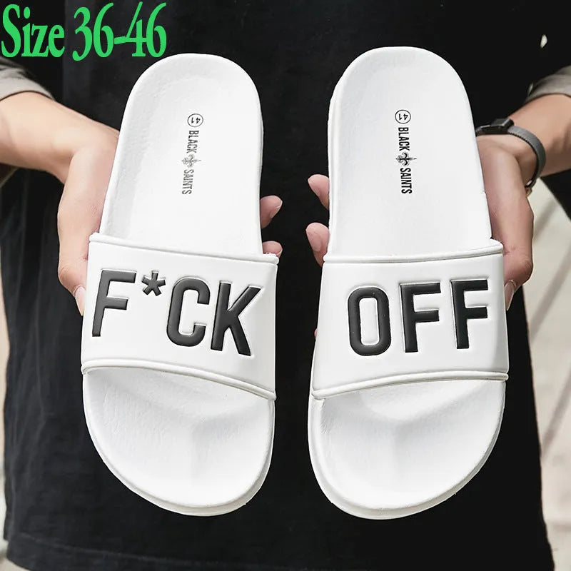 Large size men's personalised open toe slippers in black or white with a rubber sole.