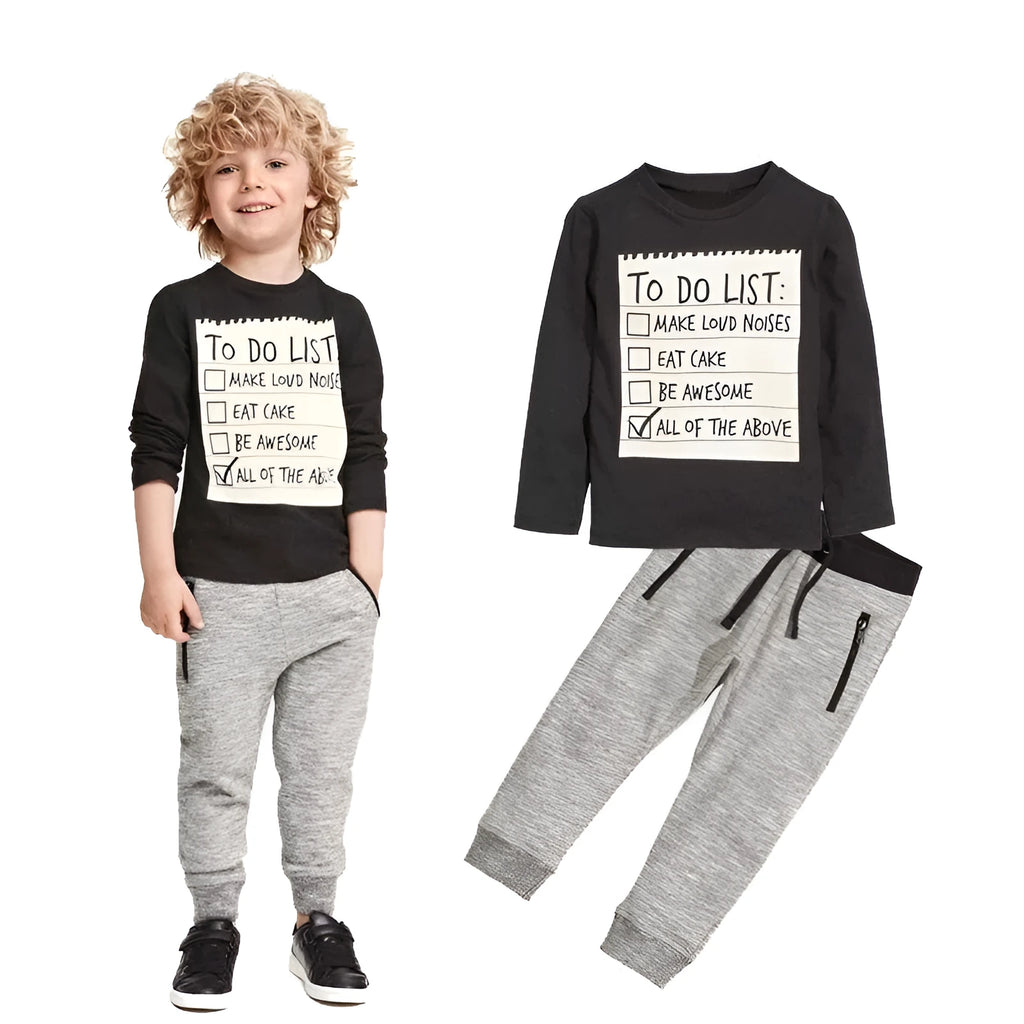 Boys' light blue cotton two-piece clothing set with long sleeves and letter print, shown on a child mannequin.