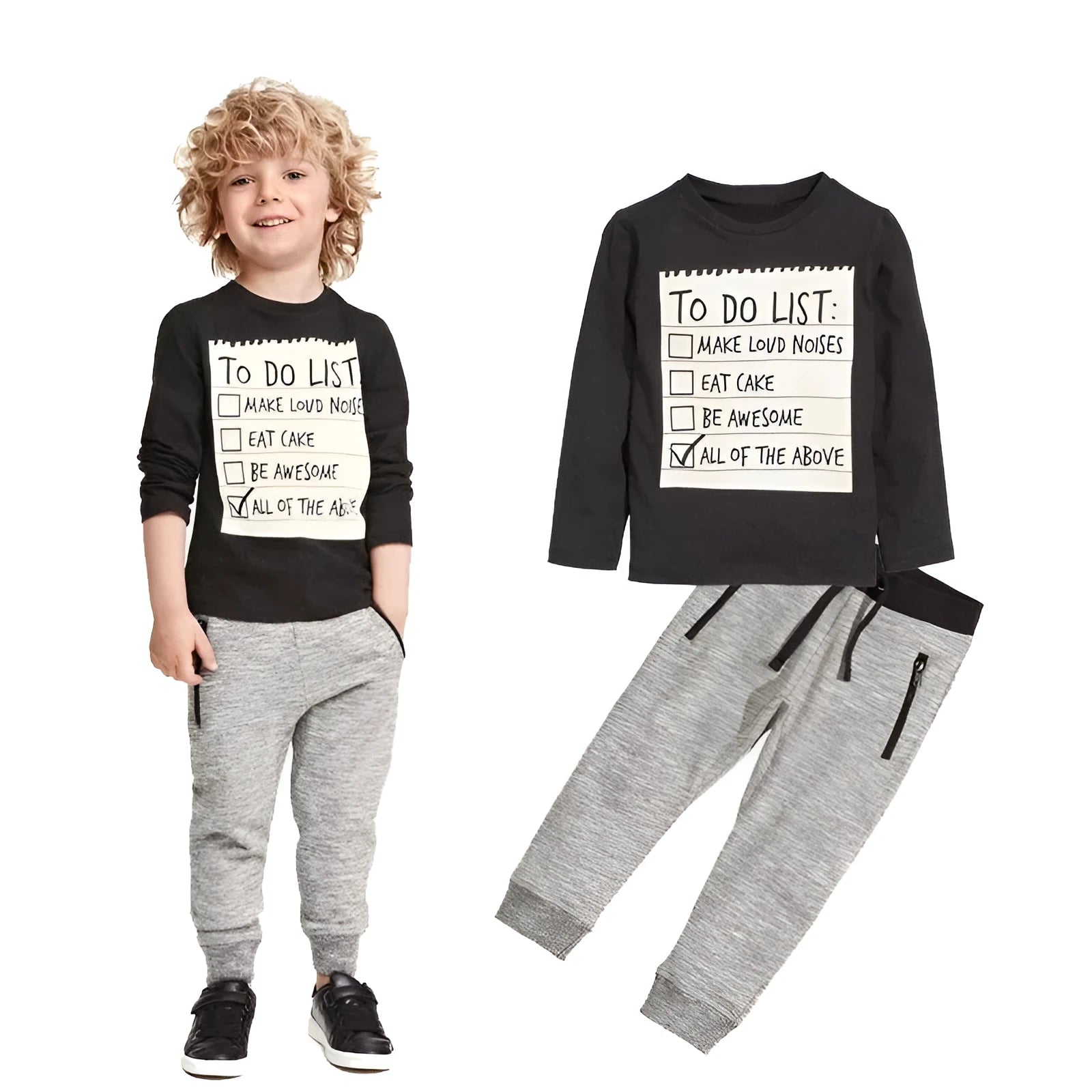 Boys' light blue cotton two-piece clothing set with long sleeves and letter print, shown on a child mannequin.