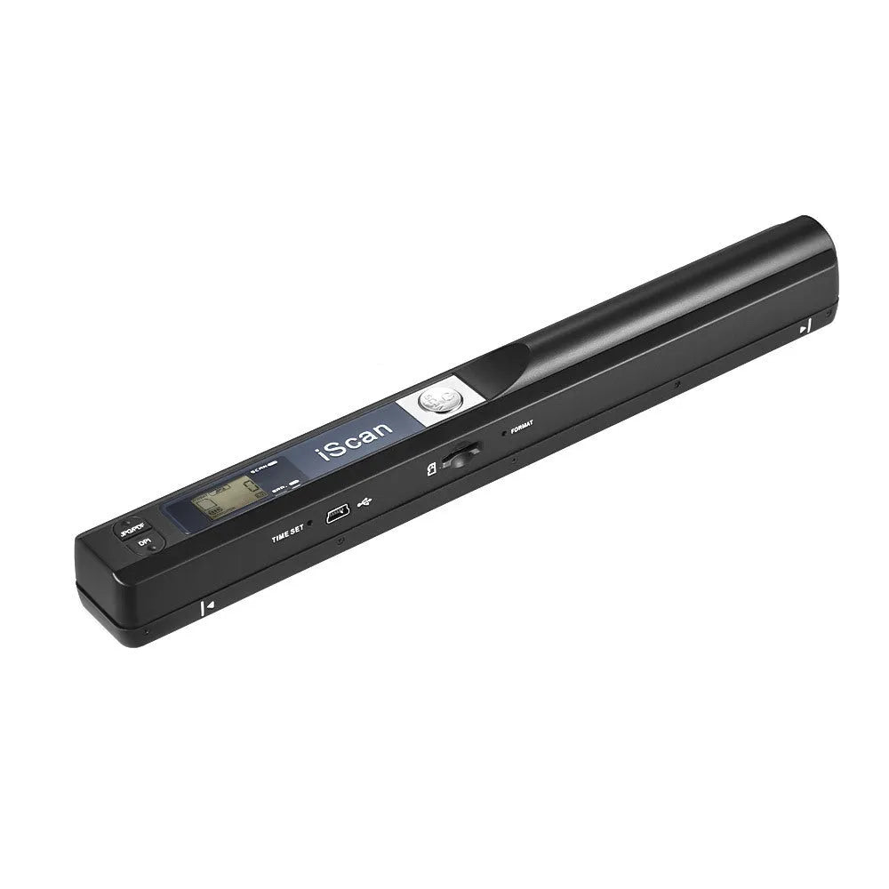 A handheld plastic barcode and QR code scanner shown in one of five colour options: black, blue, green, red, or silver.