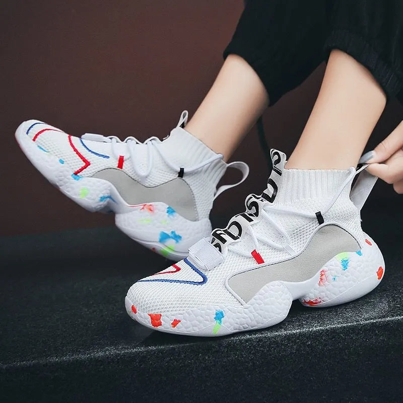 Men's camouflage pattern sneakers with mesh upper and rubber sole in black or white.