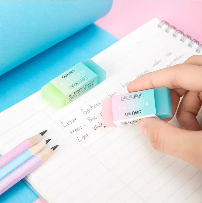 Close-up of a translucent coloured pencil rubber eraser, 4.8cm length, soft edges, for school and art use