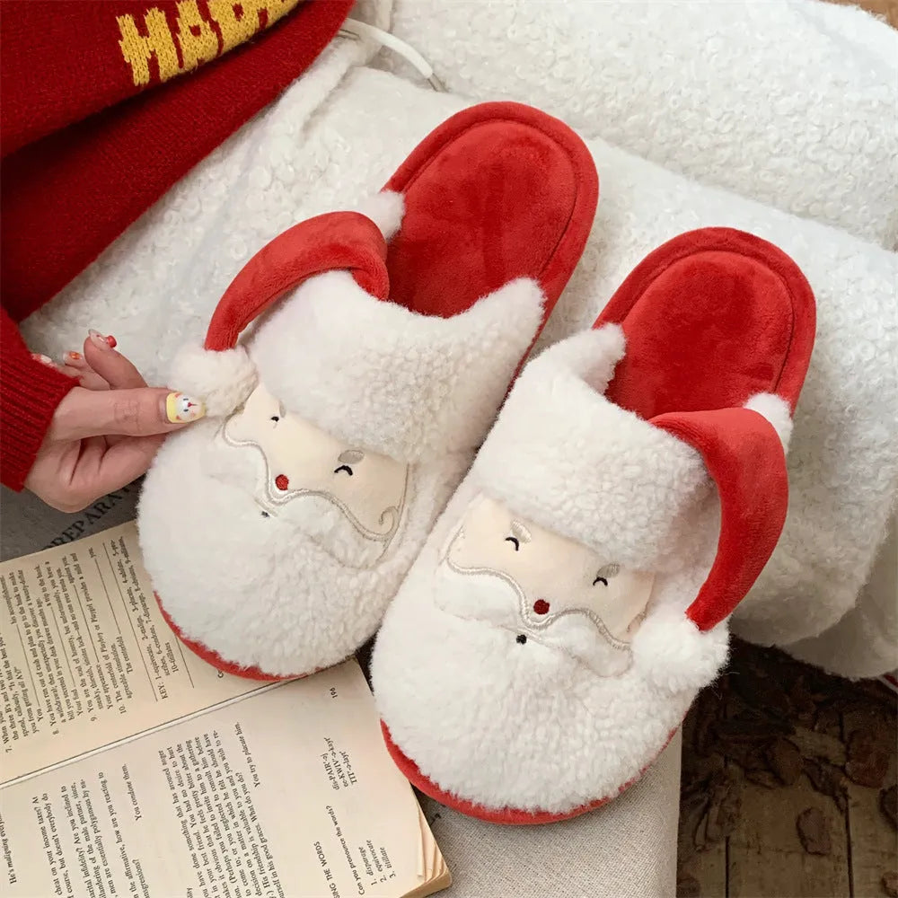 Red and white half-pack cute Santa Claus plush confinement slippers with suede upper and PVC sole