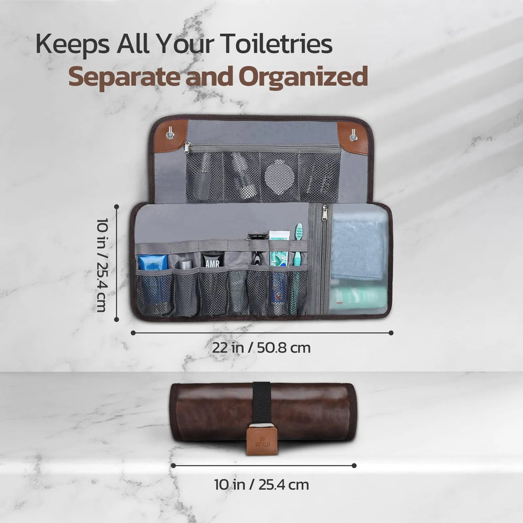Men's black PU travel wash bag with portable reel design for toiletry organisation