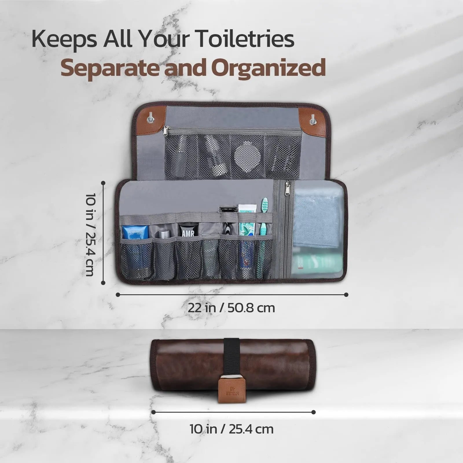 Men's black PU travel wash bag with portable reel design for toiletry organisation