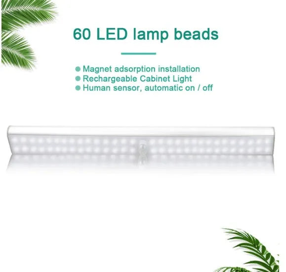 Rechargeable LED motion sensor light strip showing three length options and cold white/warm white colours