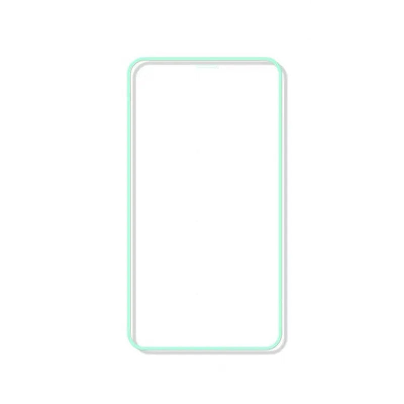 Luminous full cover tempered glass screen protector glowing for iPhone on a dark background.