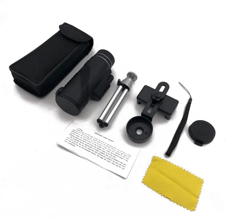 Black 40x60 smartphone monocular telescope with mounting adapter on a phone for HD observation.