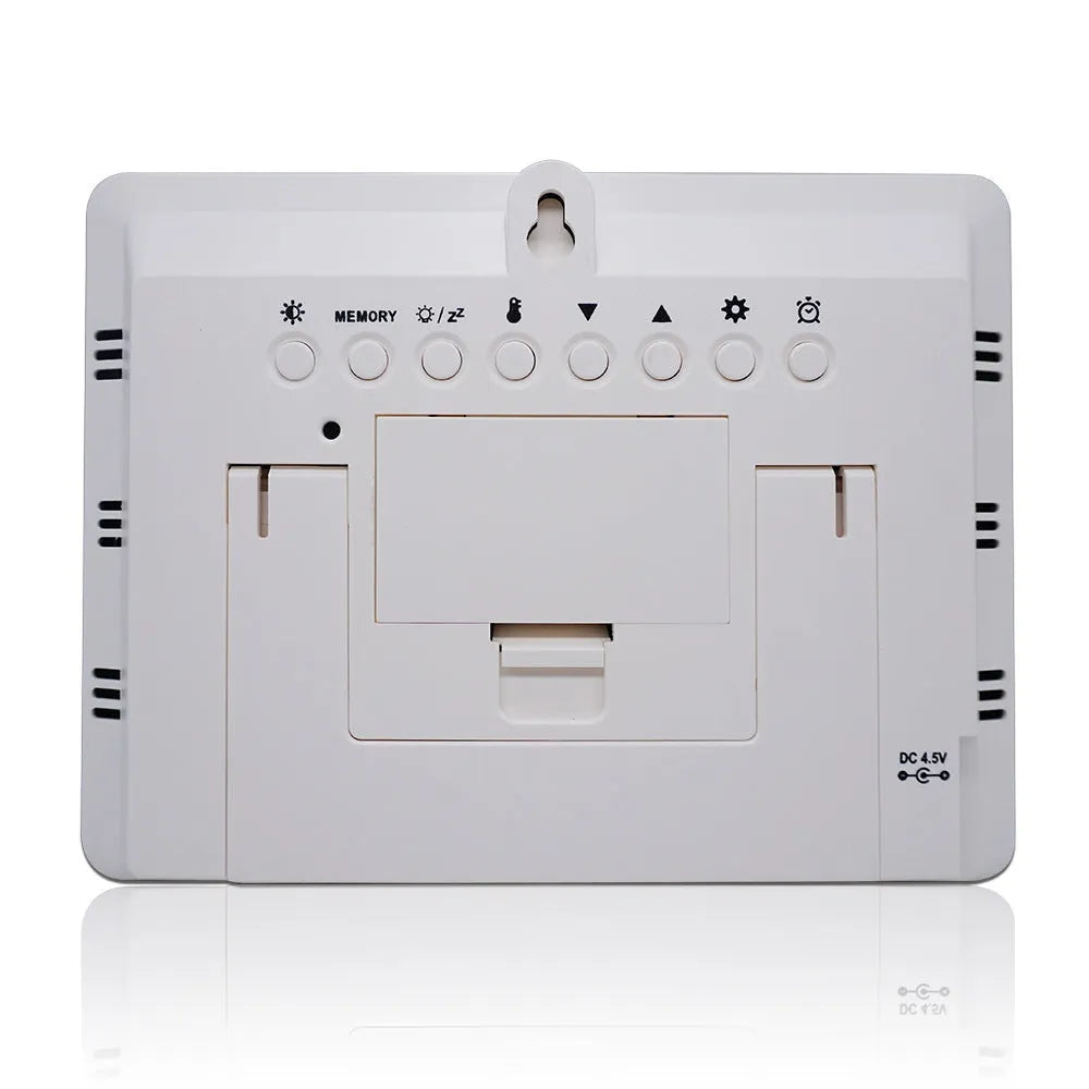 Rectangular LCD digital weather station clock with indoor outdoor temperature humidity display