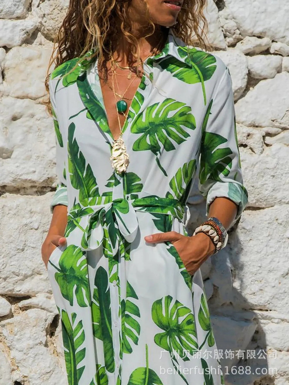 V-neck chiffon midi dress with print pattern and high waist design