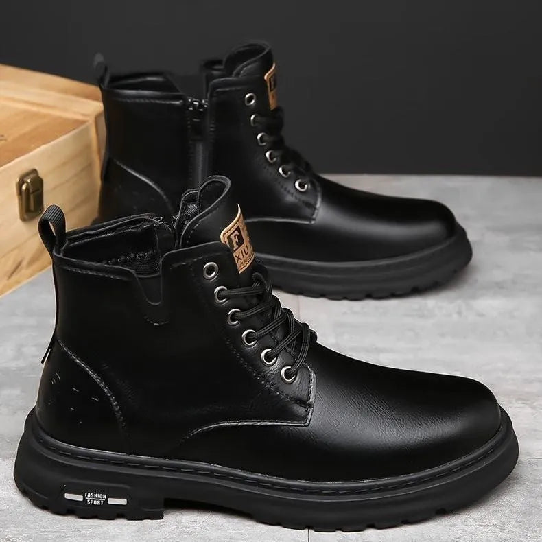 Men's black Martin boots with thick rubber soles and lace-up front, showing round toe and mid-calf design