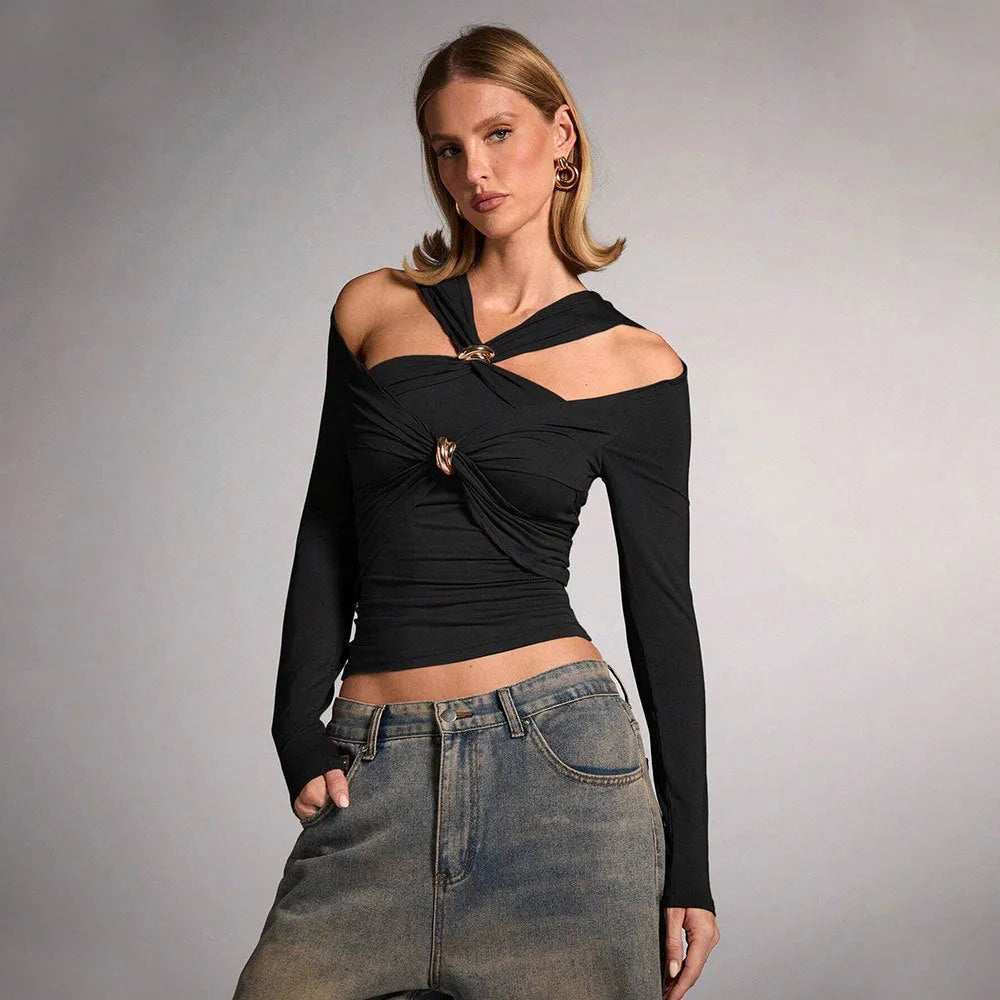 Women's black halter top with shoulder-baring neckline, long sleeves, and slim fit silhouette