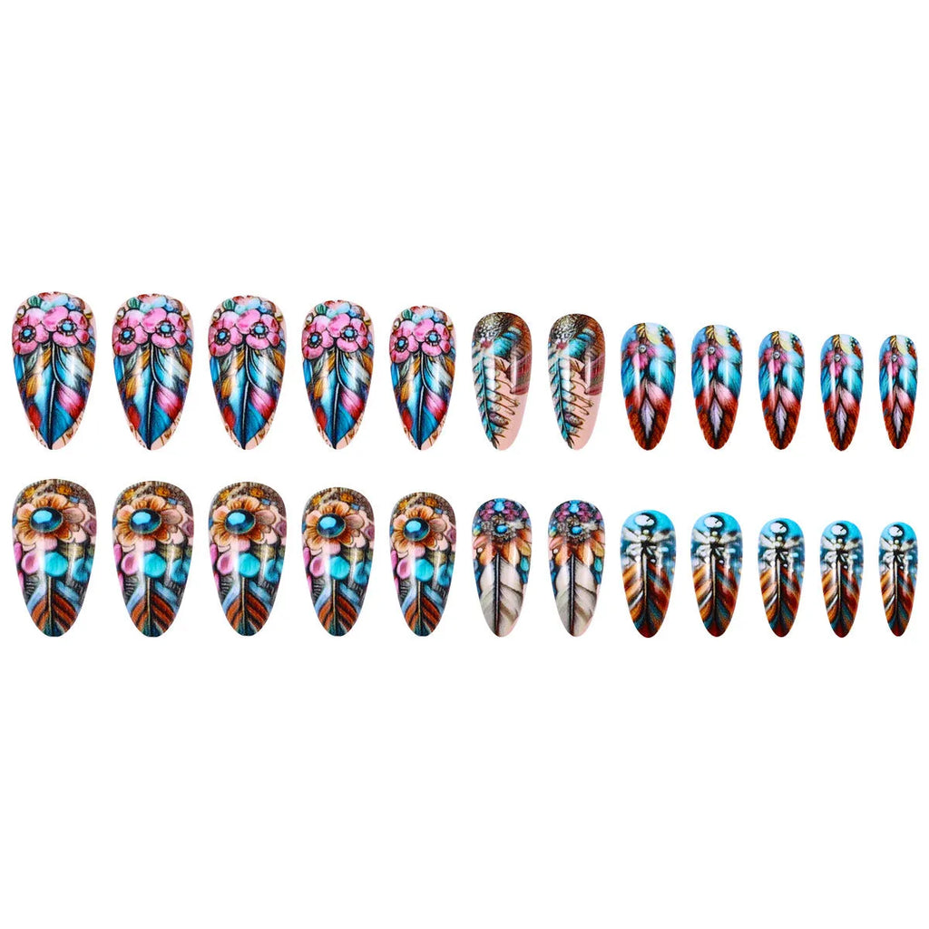 Colourful retro nail art stickers with feather, cartoon flower, heart, and butterfly designs on a plastic sheet.