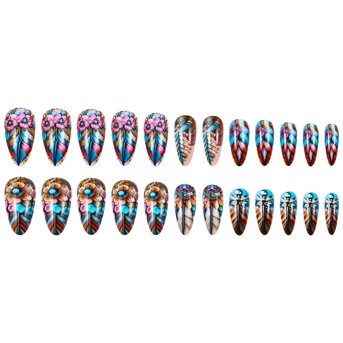 Colourful retro nail art stickers with feather, cartoon flower, heart, and butterfly designs on a plastic sheet.
