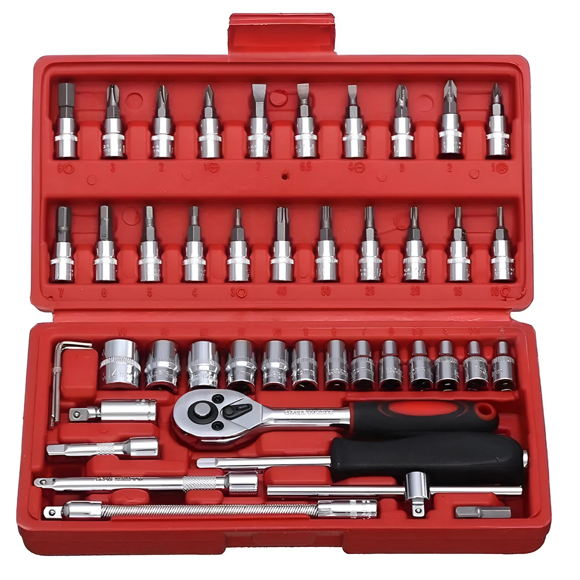 46 piece chrome vanadium steel socket set with 1/4 inch drive ratchet handle and screwdriver sockets in red case