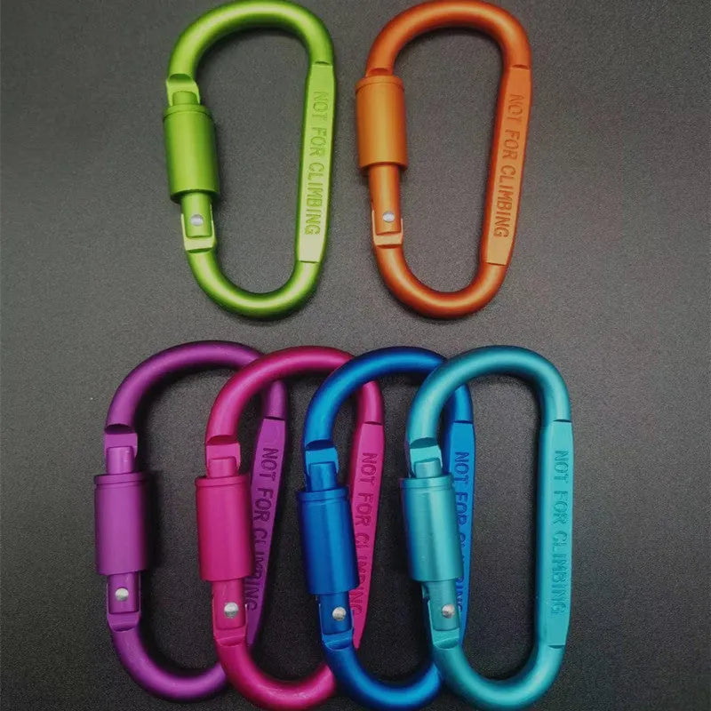 D-type aluminium locking carabiner in a choice of colours, showing 8cm flat size.