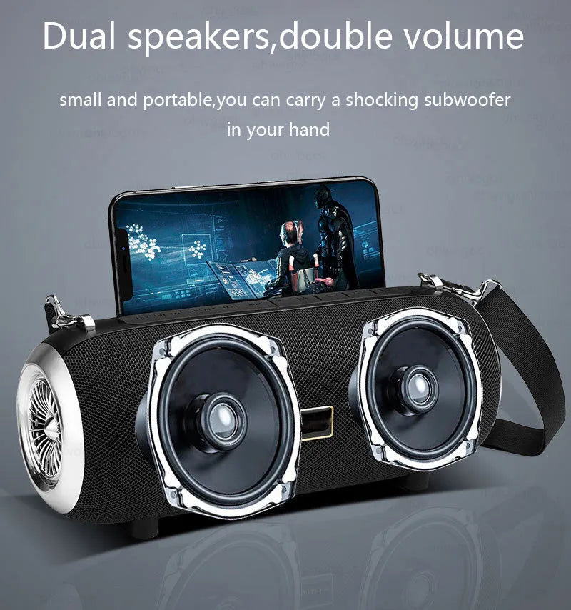 F666 portable fabric square Bluetooth speaker with shoulder strap shown in black, blue, camouflage, or red.