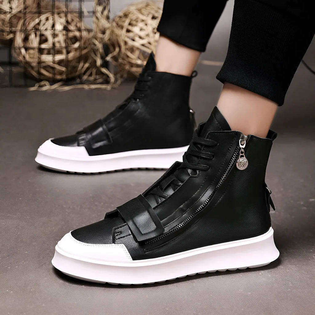 Men's black PU leather high-top winter ankle boots on a white background, showing sneaker-style design.
