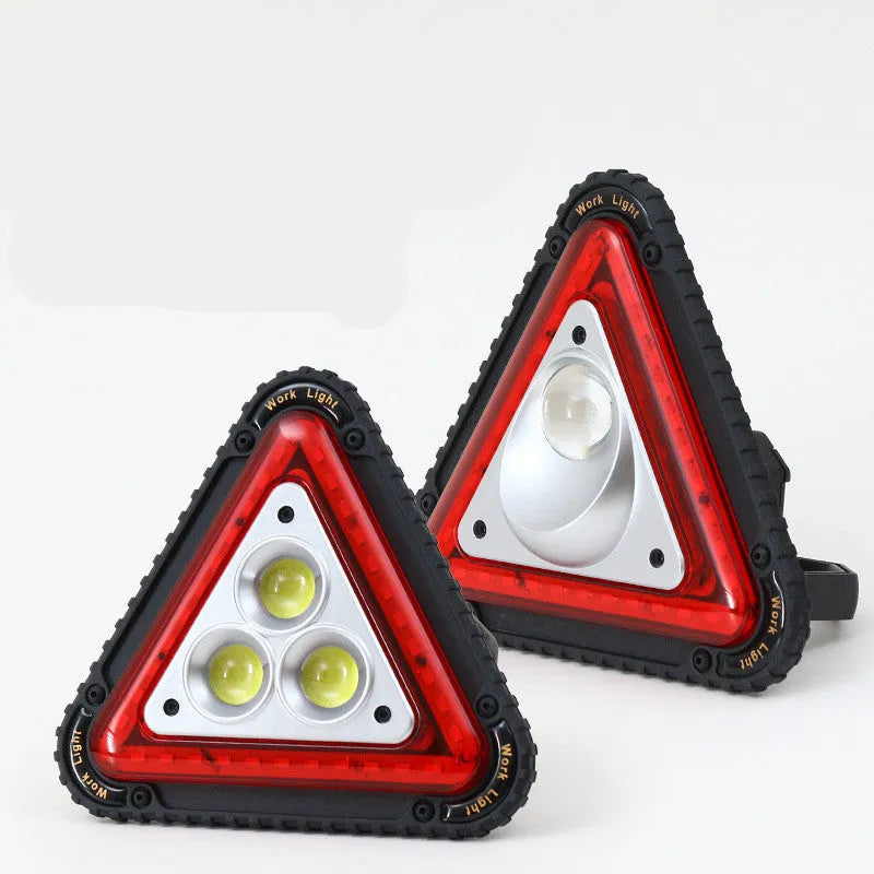 Triangular red warning light, ABS body, 20W COB+LED, rechargeable 18650, hand pressure, with USB cable and four AA batteries
