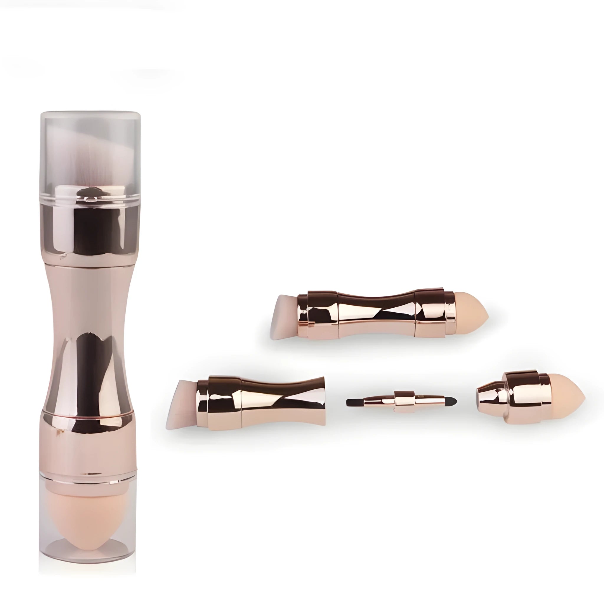 Four-in-one retractable makeup brush with gold handle and four brush heads on a white background