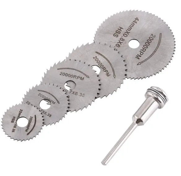 Six circular saw blades with mandrels for woodworking cutting, showing high-speed steel construction
