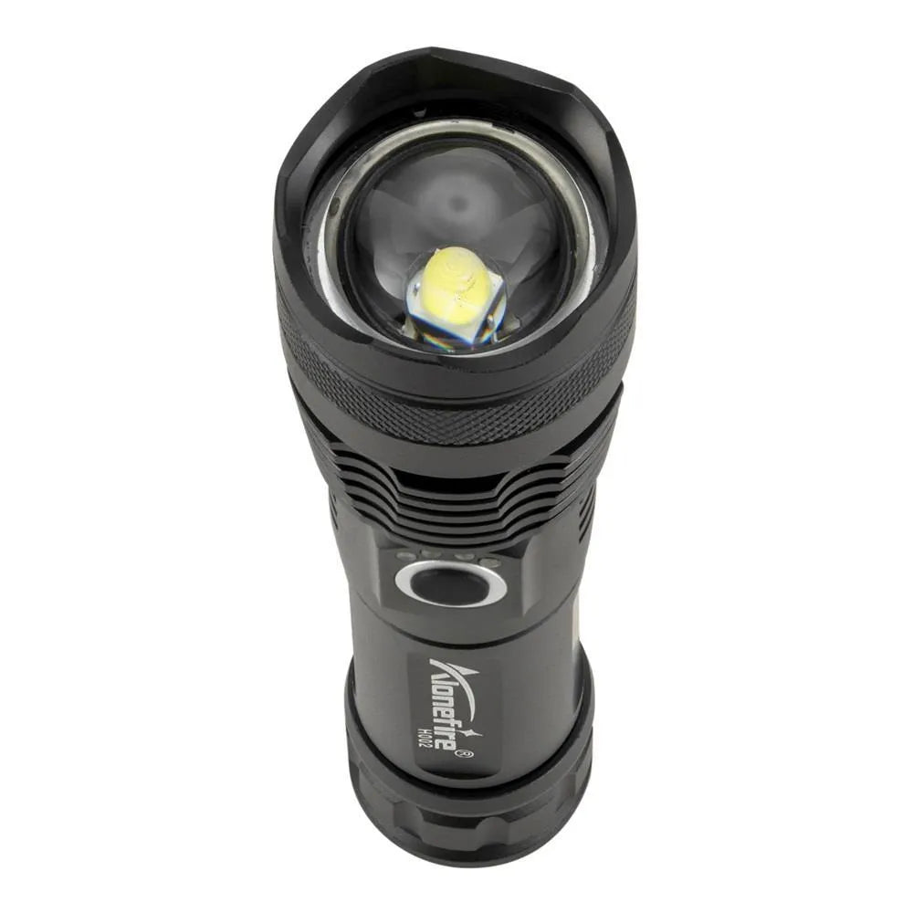 Black aluminium alloy rechargeable LED flashlight with zoom lens on grey background