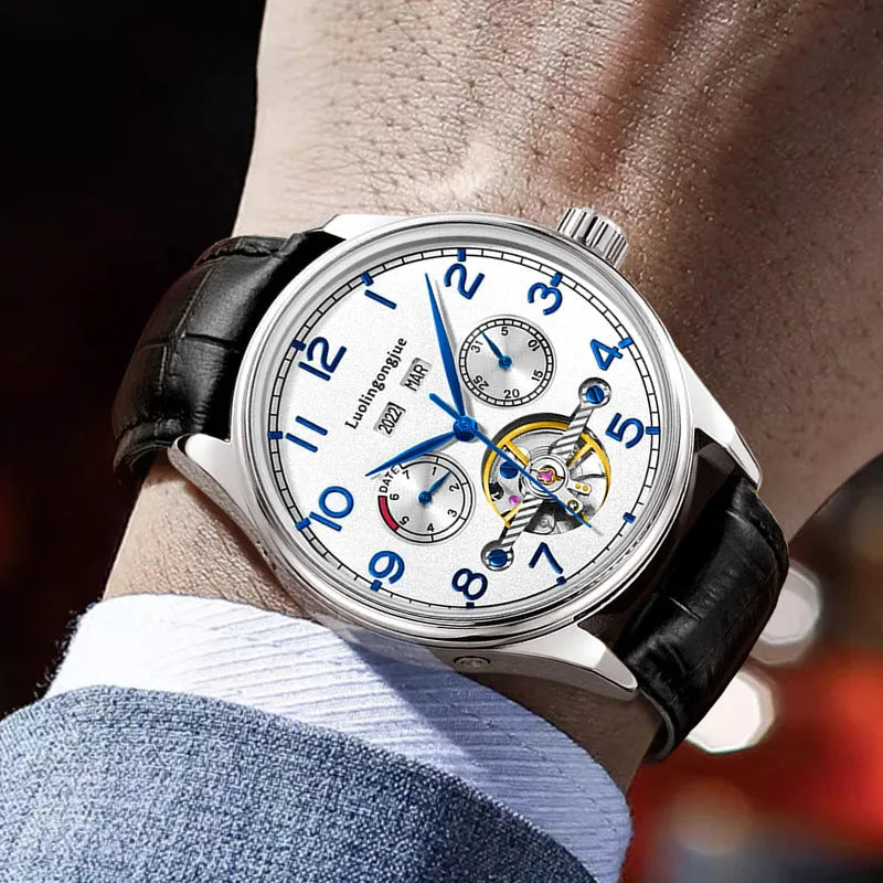 Men's stainless steel mechanical business watch with sapphire glass and genuine leather strap