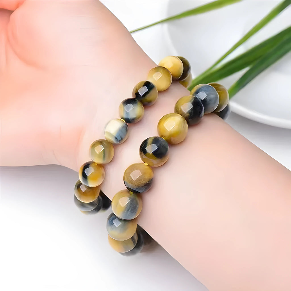 Handmade Fantasy Tiger Eye agate bracelet with round beads in a unisex, single circle design.