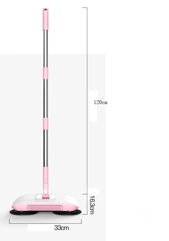 Pink hand push sweeper with rotating brush and mop attachment on tiled floor