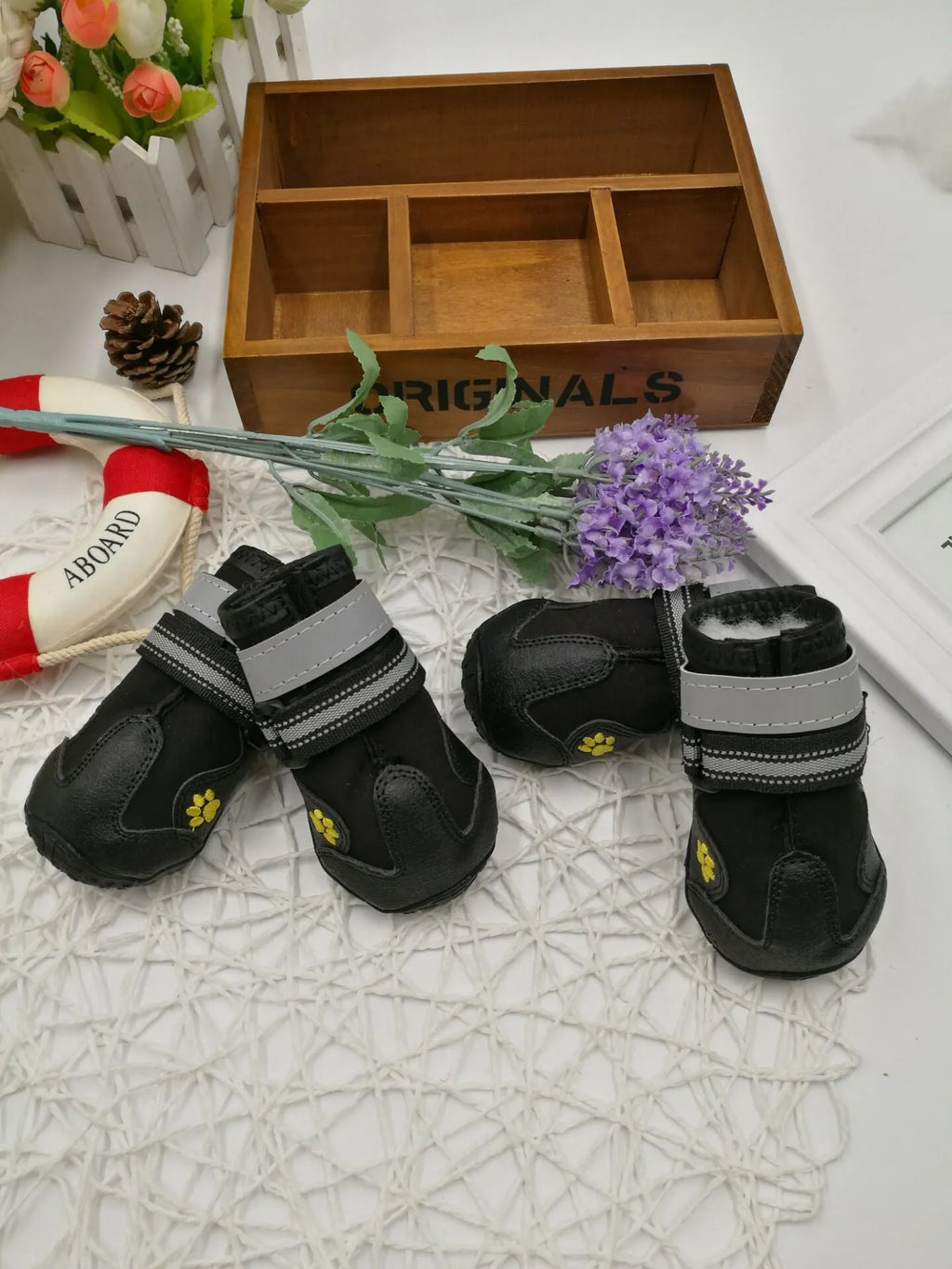Black waterproof dog shoes with non-slip PVC sole, adjustable fuzzy belt