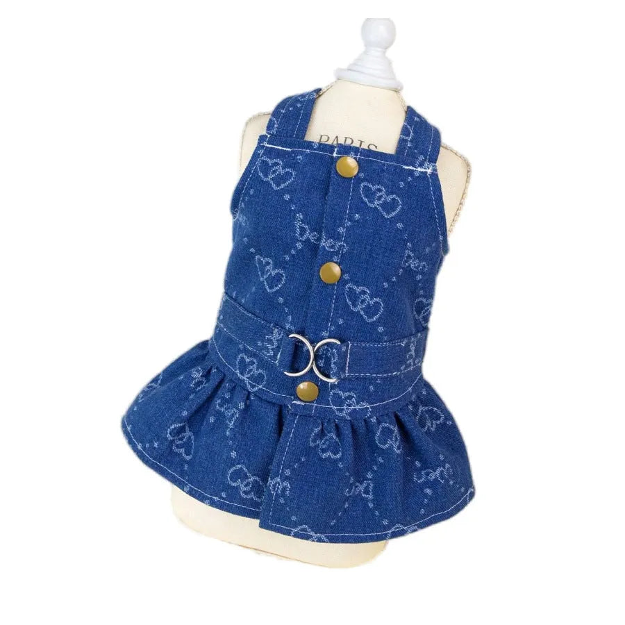 Teddy Bichon wearing denim princess dress with bracket-skirt design, small dog spring clothing