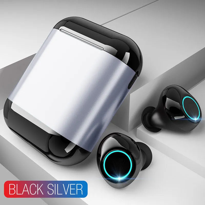 TWS wireless Bluetooth earbuds in Black, Gold, and Light Grey colours, showing in-ear design