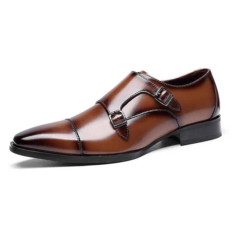 Men's black and light brown leather business shoes with square toe design and rubber sole