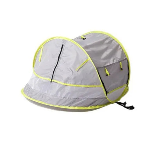 Grey children's beach tent with fiberglass frame and Oxford cloth outer, set up on sand