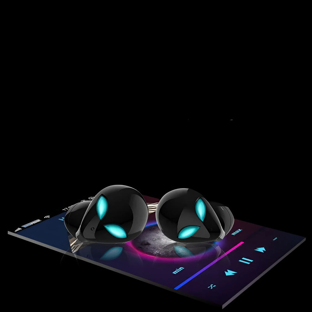 Creative Outer T8 Starman black wireless Bluetooth earphones with alien design in charging case