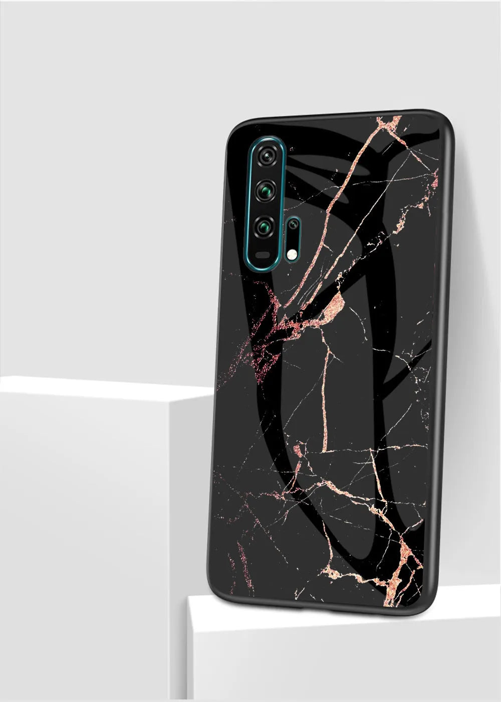 Honor 20 phone case with marble glass back and silicone bumper in multiple colours.