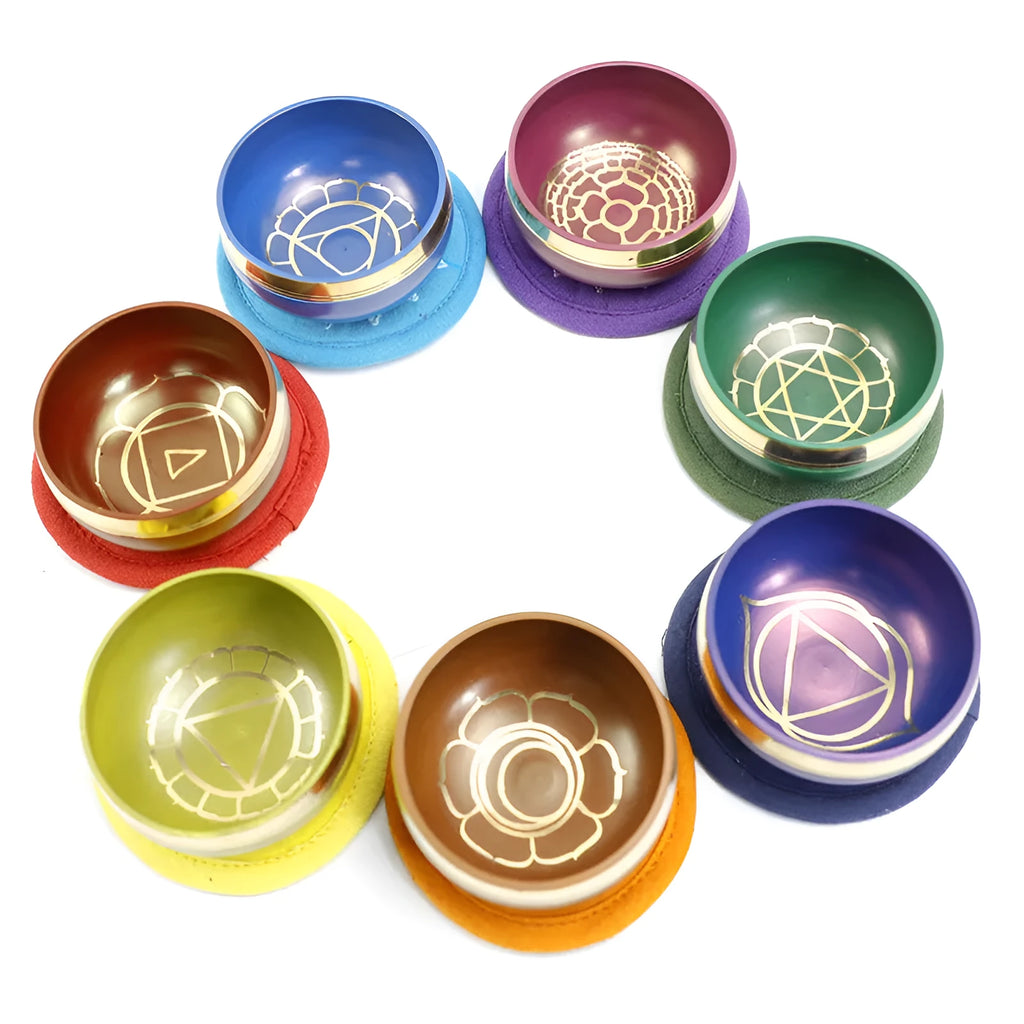 Handmade colourful Himalayan singing bowl percussion instrument measuring 7.8 cm for meditation and yoga.