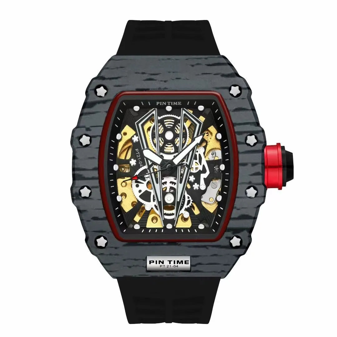 Automatic mechanical men's watch with calendar, 37mm dial, silicone strap, and stainless steel buckle