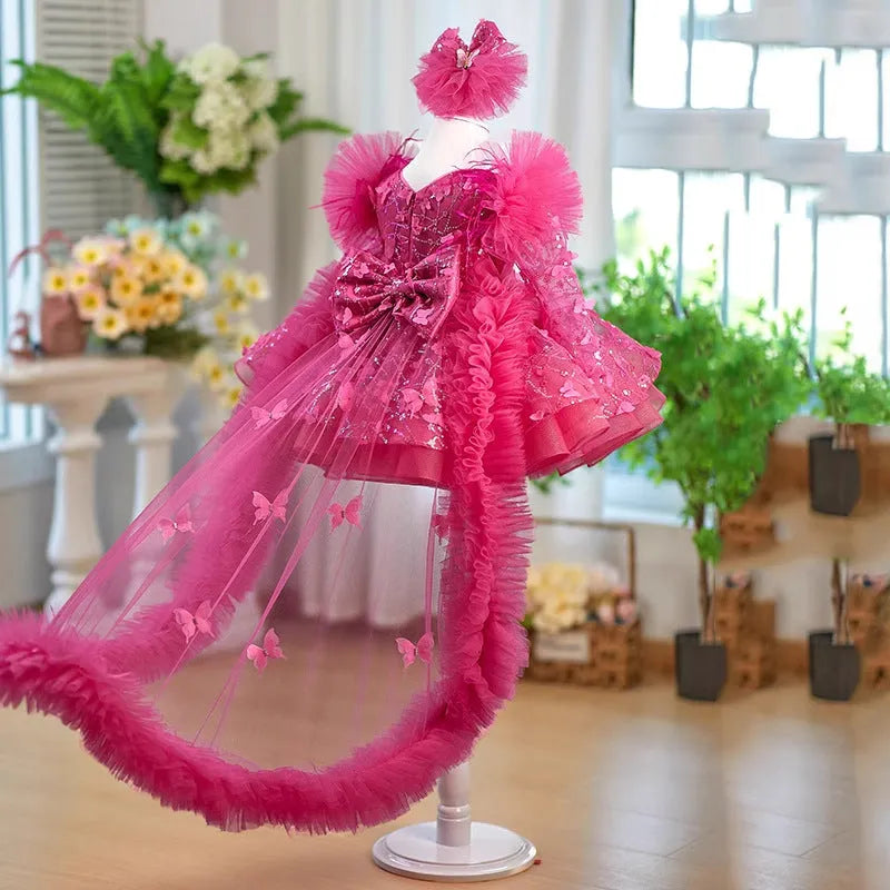 Rose red butterfly sequined long sleeve princess dress for girls, available in sizes 80cm to 160cm with trailing skirt option