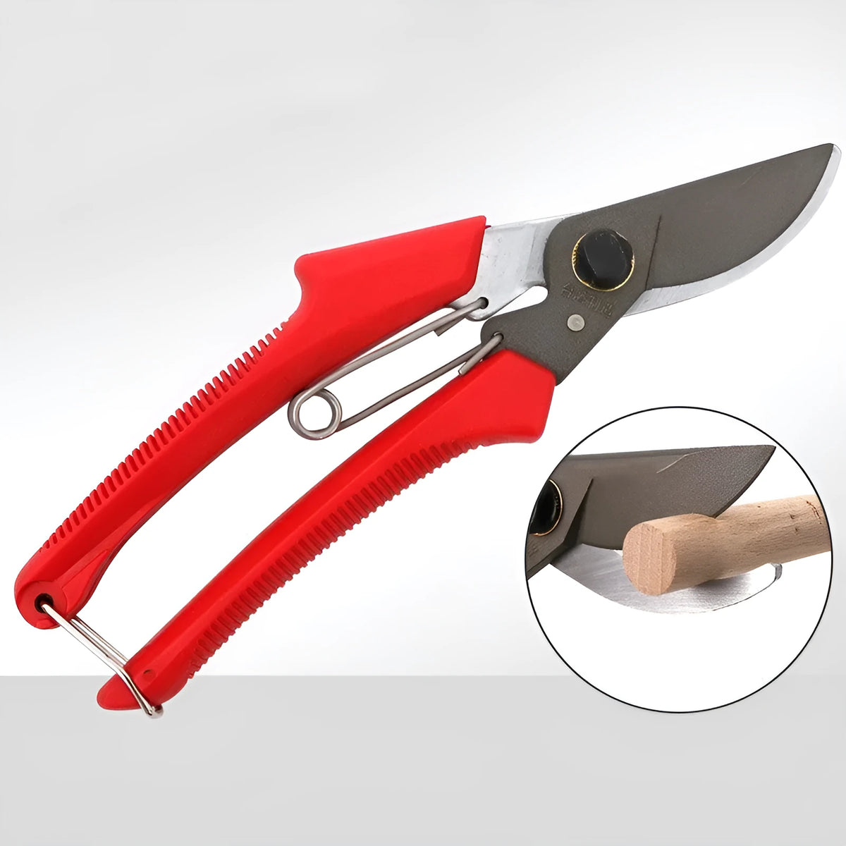 Red-handled SK5 steel pruning scissors 200mm total length 50mm blade on white background