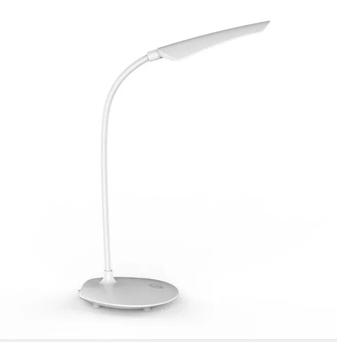 White LED desk lamp with USB charging cord and touch switch on a wooden desk
