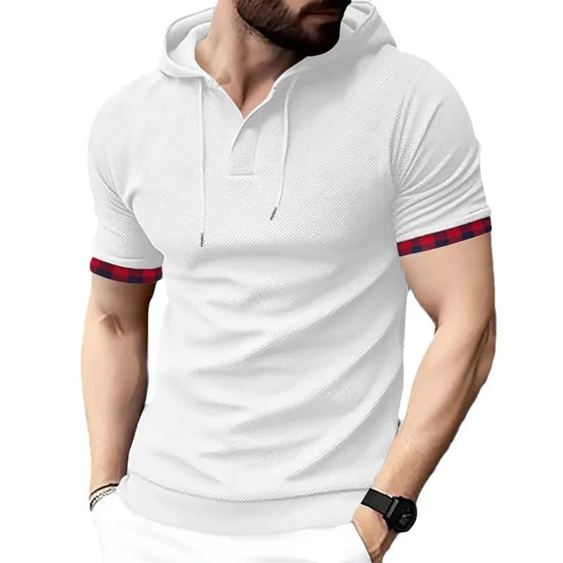 Men's short sleeve sport casual hooded top in solid colour, polyester blend, fitted cut, available in plus sizes