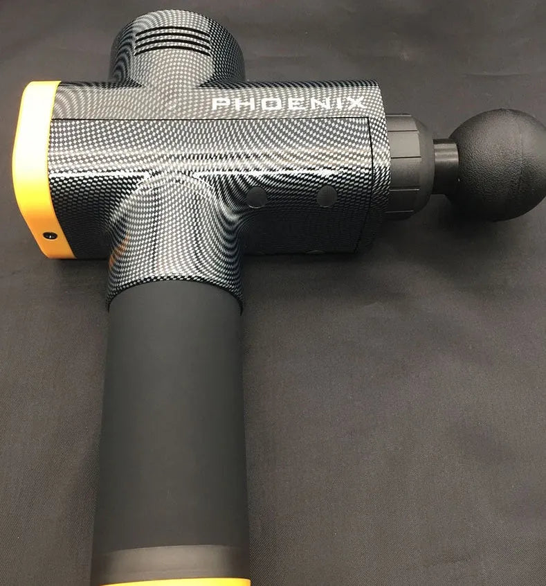 Black fascia massage gun with four attachment heads showing 29cm dimensions