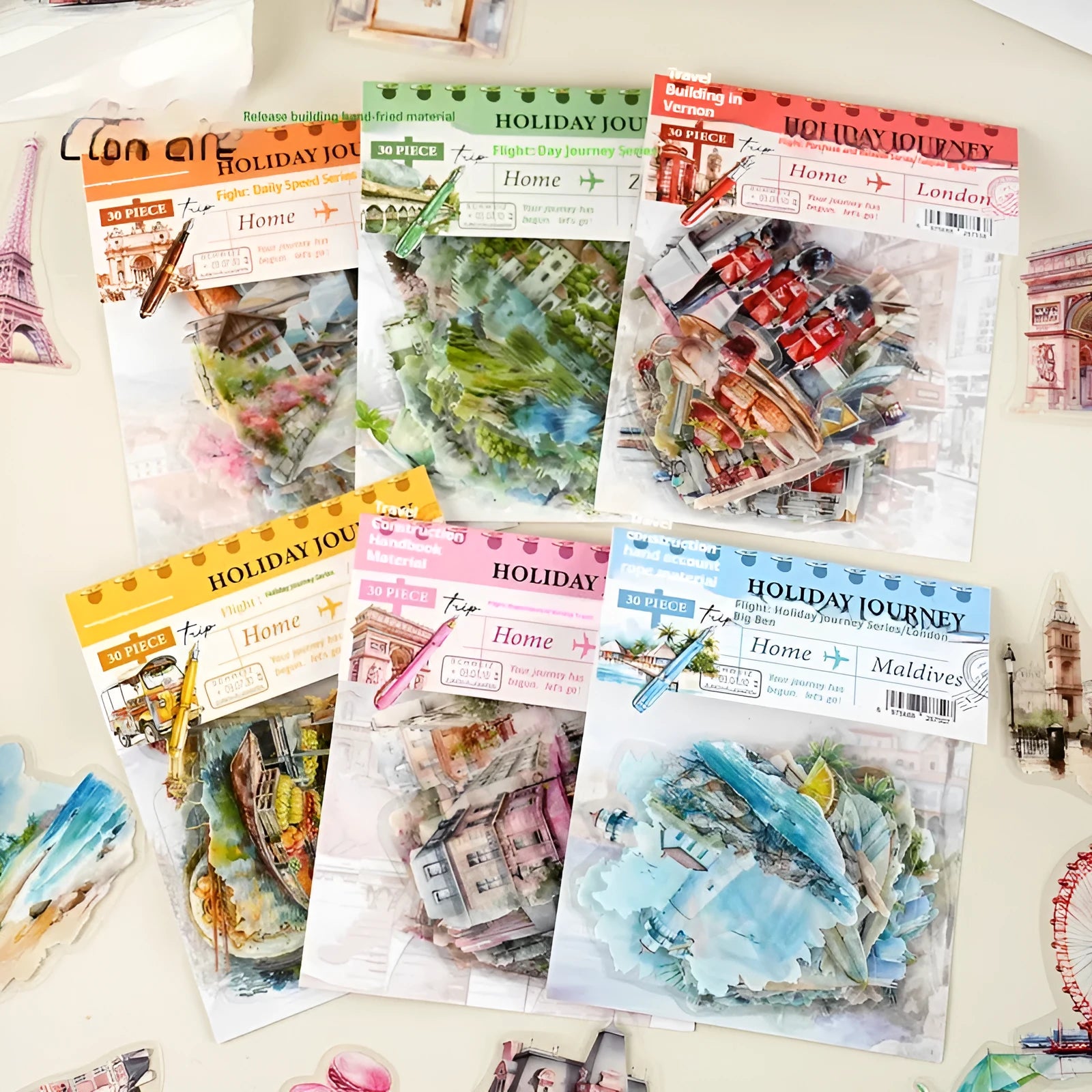 Holiday Journey architecture journal stickers showing six retro landmark designs including Paris Arc de Triomphe and London Big Ben