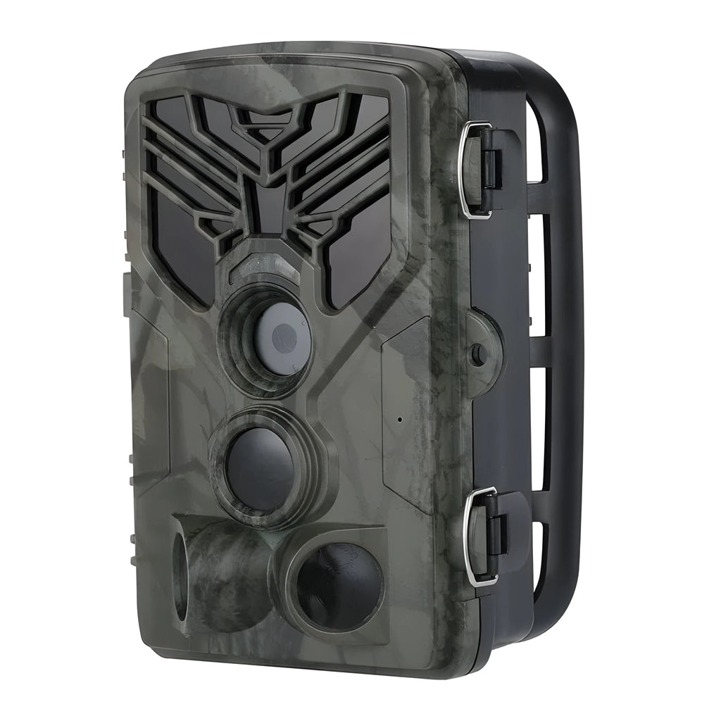 Wifi830 compact wildlife camera with camouflage finish showing lens, display, and mounting bracket
