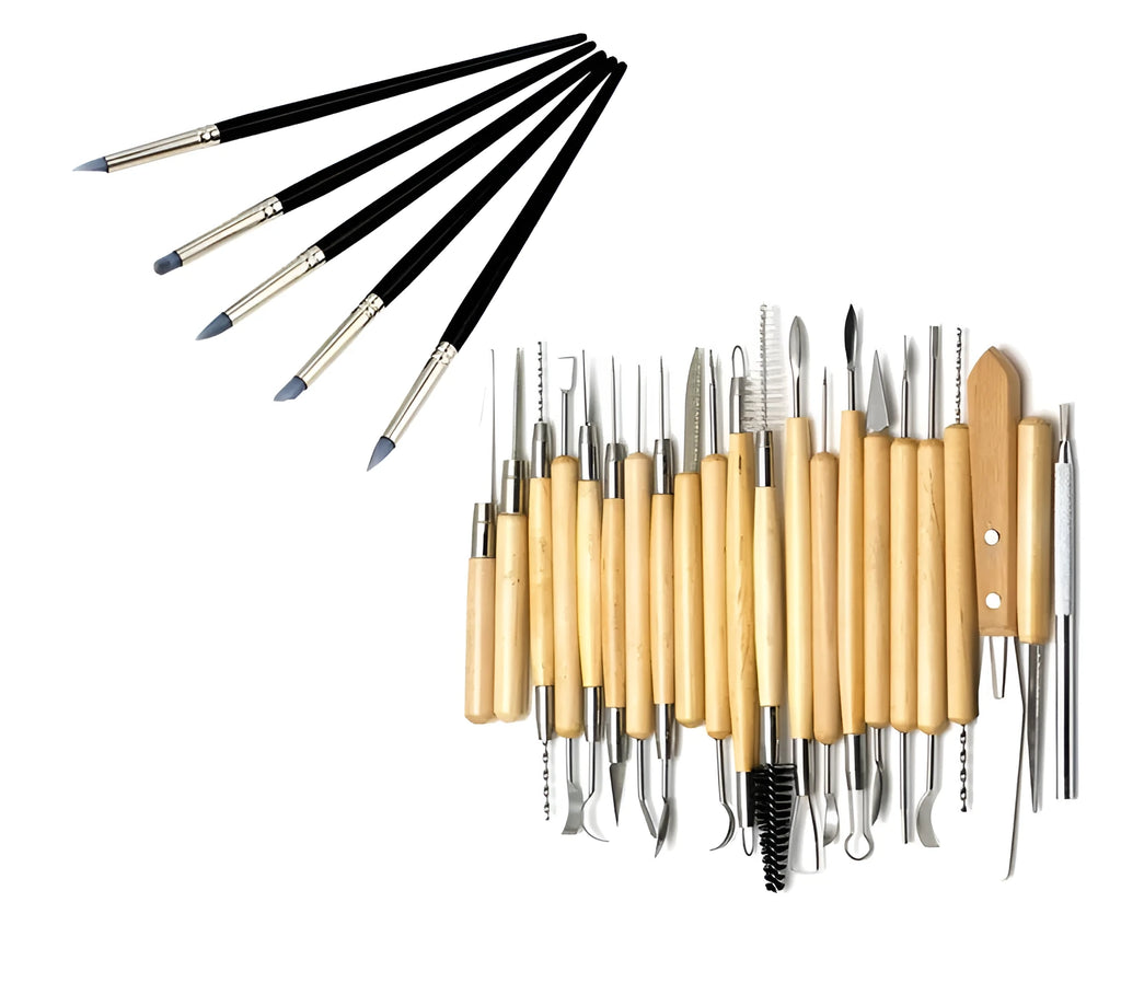 27-piece pottery clay tool set with stainless steel tools, wood handles, and roll organiser