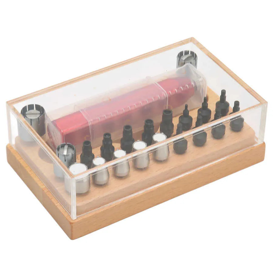 20-piece steel watch repair tool set with barrel-opening extracting tubes for watch case maintenance